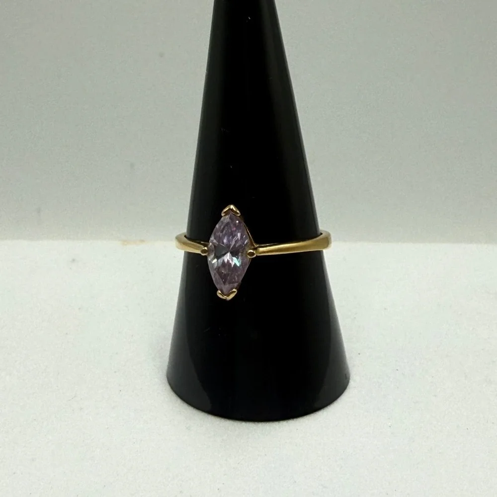 Gold Tone Marquise Cut Lavender Purple Stone Ring Size 9 Minimalist Jewelry